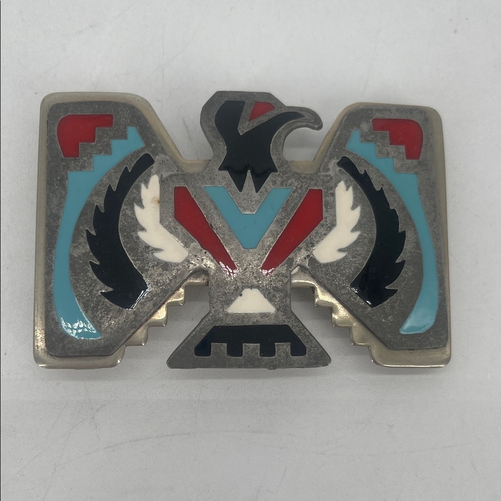 Vintage Southwestern Tex Tan Thunderbird Turquoise/Coral Nickel Silver Buckle